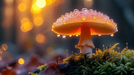 Glowing mushroom with dewdrops in a forest at sunset