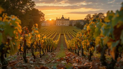 Historic Chateau in the Twilight: Bordeaux Vineyard, generative ai