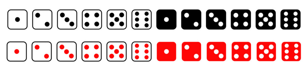 Dice game graphic icon set red white black game dice from one to six points on white background