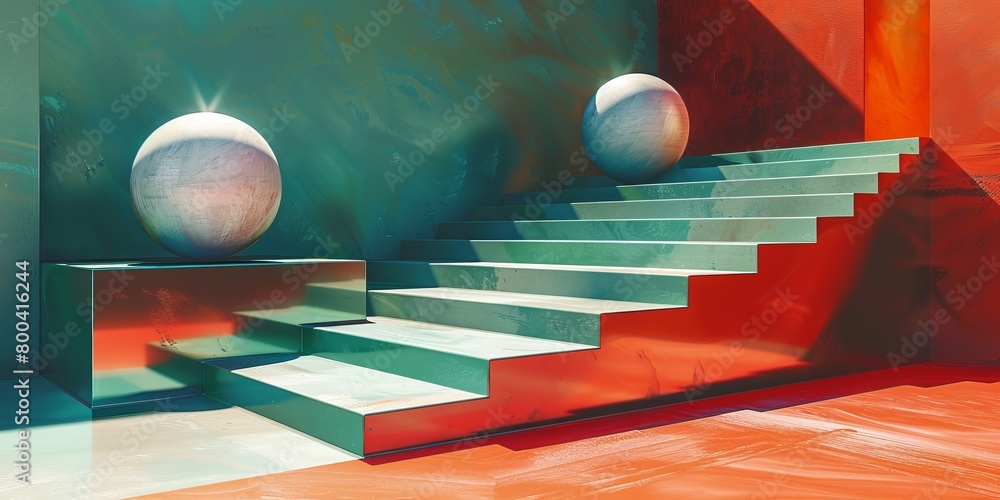 Aufkleber illustration of colorful geometric shapes of smooth and shiny spheres on steps of square platforms a