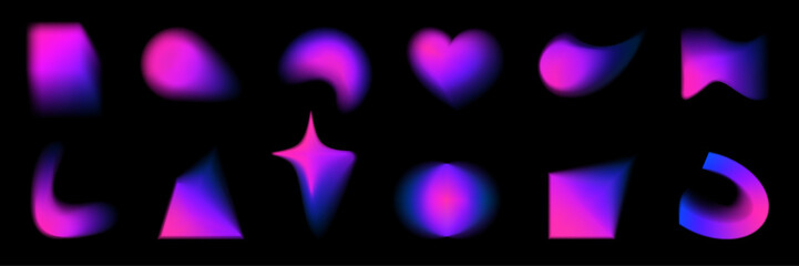 Abstract color gradient shapes, holographic iridescent square, triangle, heart, circle with liquid bright gradient blur, with soft neon light, vector shapes.