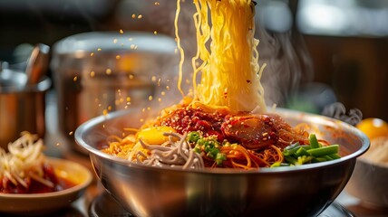 Dynamic serving scene of naengmyeon, noodles being lifted from a chilled bowl, perfect for capturing the essence of Korean summer dishes - obrazy, fototapety, plakaty