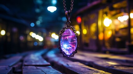Magical amulet with pulsating gem, close-up, ambient mystic glow, low angle, vibrant purples and celestial whites, graffiti street art style