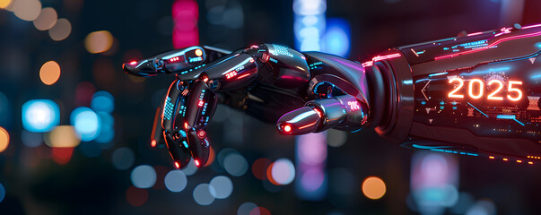 A robotic arm extends towards a glowing representation of the year 2025, set against a backdrop filled with digital binary code and futuristic technology elements, symbolizing the intersection of adva