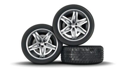 Set of Four Car Tires Stacked on White Background. Automotive Spare Parts, Wheel and Tire Packages. Vehicle Maintenance and Repair Services Concept. Photo realistic 3D Illustration. AI