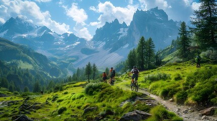 Bikers traverse a lush trail with majestic mountains in the backdrop