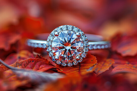 A diamond ring encircled by vibrant autumn leaves.