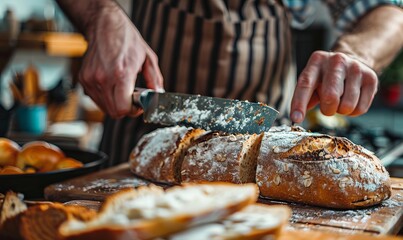 Man slicing freshly baked bread.