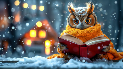Wise owl read book at night with red mug coffee , funny animal concept .