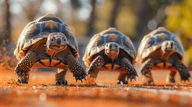 Turtles race on a track , Funny animal concept .