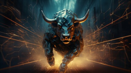 Raging Digital Bull in a cyber landscape, charging through data barriers, a symbol of market volatility