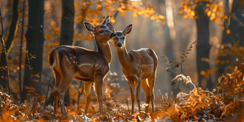 Tender moment between two Roe deer in the forest