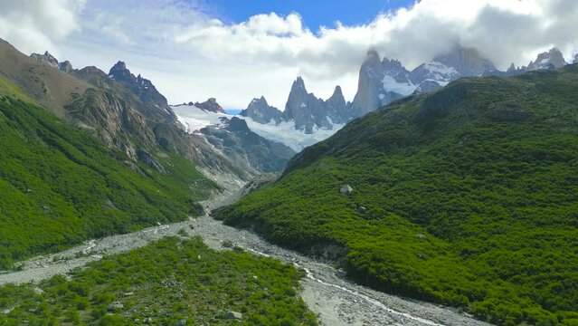 Monte Fitz Roy also known as Cerro Chalten, Cerro Fitz Ro is a mountain in Patagonia, on the border between Argentina and Chile. It is located near the town of El Chalten. Aerial drone view.