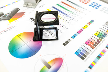 The magnifying glass standing on a leaf of the test print. Press color management - print production