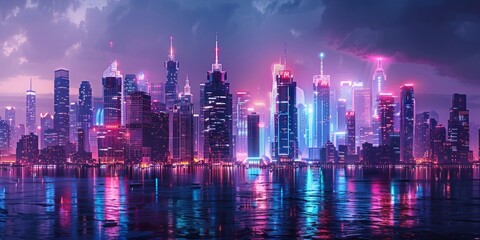 Sci-fi City Skyline with Purple and Cyan Neon lights. Night scene with Advanced Skyscrapers.
