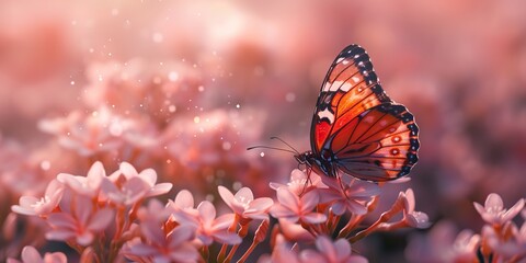 Colorful butterfly resting on blooming flowers