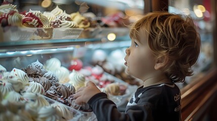 Child gazing at a tempting display of pastries