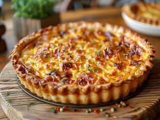 A bacon and cheese la quiche lorraine on a wooden serving board, garnished with fresh herbs.