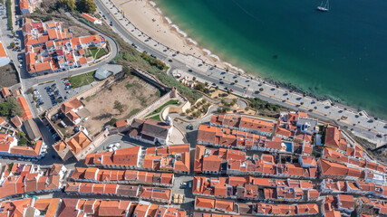 Aerial panorama of the city of Sines, Setubal Alentejo Portugal Europe. Aerial view of the old town...