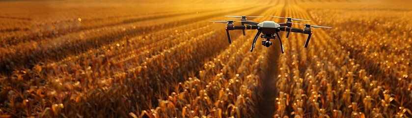 A vibrant, highdefinition image capturing a drone quadcopter hovering above a golden yellow cornfield, its shadow casting a stark contrast against the ripened crops, highlighting the blend of modern t