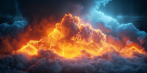 Cloud Formation Illuminated with Orange and Yellow Fluorescent Light. Dark Environment with Hexagon shaped Neon Frame. - Powered by Adobe