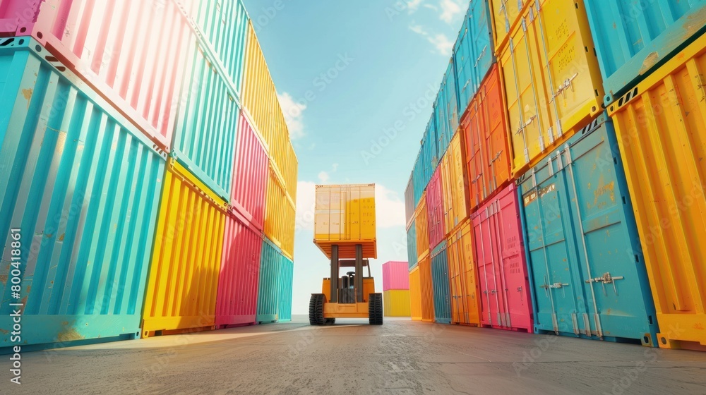 Poster container handler forklift lifting in shipping yard with stack of colorful containers box background