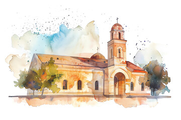 Minimalistic watercolor of a Synagogue on a white background, cute and comical.