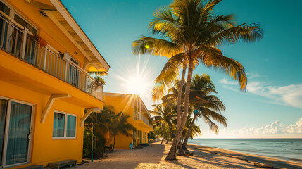 palm trees on the beach and a yellow house