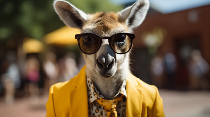 kangaroo wearing a colorful blazer and black glasses on yellow background