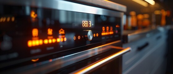 A dramatic closeup of a sleek, touchscreen oven control panel, its digital display glowing in the dim light of an early morning kitchen, symbolizing the convergence of culinary tradition and cuttinged