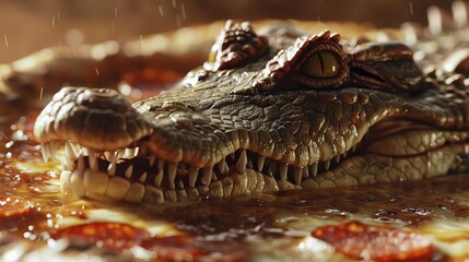 Obraz premium A close up of a crocodile's face emerging from a pizza.