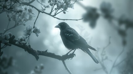 A dark crow sits on a branch of a tree with white flowers. The background is blurred and light grey.