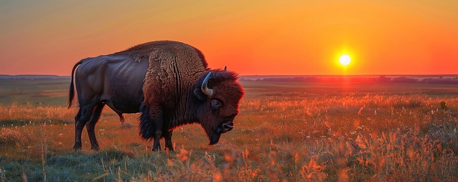 American bison grazing on grassy field against clear sky during sunset