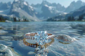 A diamond ring reflected in a crystal-clear mountain lake.