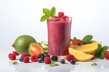 Smoothie with fresh fruits and berries on white background. Healthy food concept