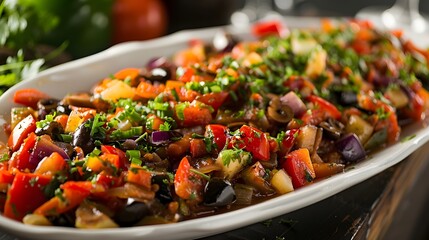 Colorful fresh ratatouille on a serving dish