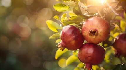 Sun-kissed ripe pomegranates on a tree, nature's bounty captured in warm light. Ideal for healthy lifestyle themes. Vibrant, fresh, organic. AI