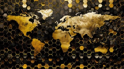 A brown map pattern in gold on black shows Earths diverse soil composition