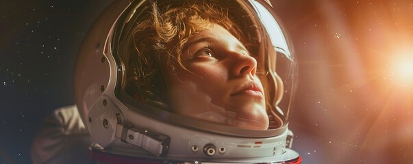 Astronaut woman with helmet looking up.