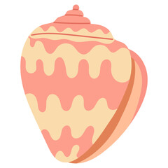 Seashell vector illustration. Pink cone shell with spots and stripes. Oceanic mollusk, underwater creature. Vector illustration sea set for poster, card.  Marine cartoon isolated clipart.