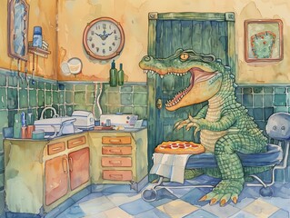 An alligator wearing a towel sits in a dentist chair with a pizza on its lap. The alligator has its mouth wide open and is about to take a bite of the pizza.