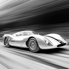 Classic 1960s Race Car Speeding on Track - Monochrome