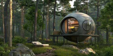 Glamping in the trees, modern capsules rising above the ground in a picturesque forest. A modern home of impressive proportions, surrounded by surrounding woodland and wildlife.