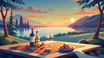 Sunset Picnic Overlooking a Serene Lake with Wine and Snacks