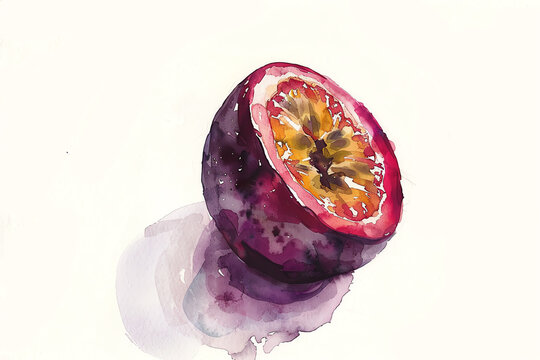Minimalistic watercolor of a Passionfruit on a white background, cute and comical.