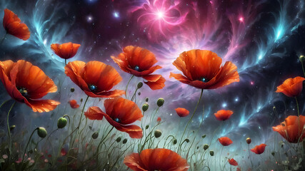 colorful poppy flower on abstract star background. bright flowers. oil illustration