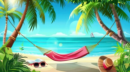 A hammock was strung between two palm trees on the beach, with sunglasses and a hat beside it, next to an open book.