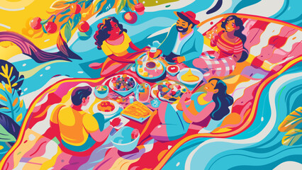Vibrant Summer Picnic Illustration with Friends Enjoying Outdoor Feast