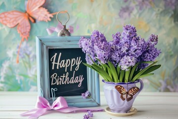 Chalkboard with birthday wishes written on it, framed in a white wooden frame sitting next to blue and purple hyacinths and butterfly decorations, on a light gray background
