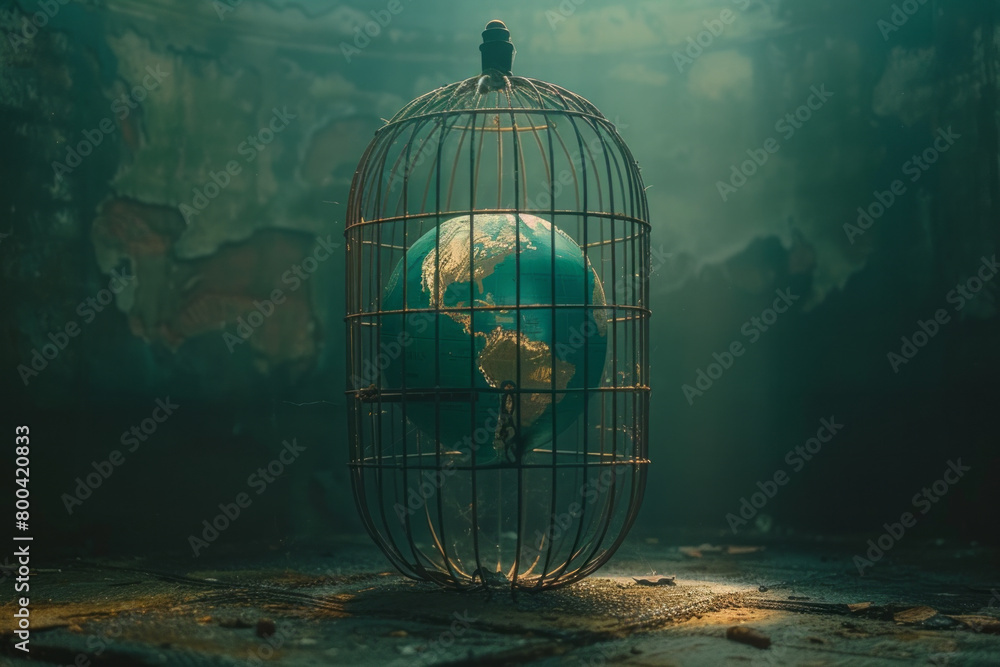 Poster a symbolic image of an open birdcage with the door shaped like a globe, representing global freedom 